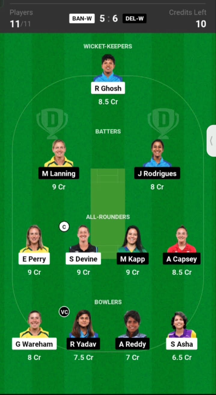 RCB vs DC Dream11 Team