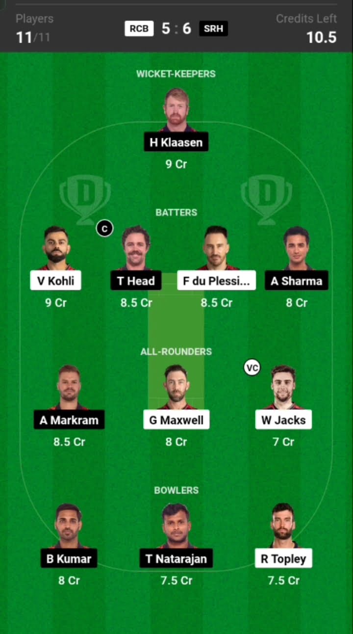 RCB vs SRH Dream11 Prediction 